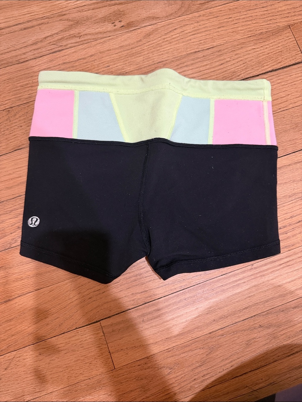 lululemon athletica Black Bike Shorts with Pastel Pink and Light Green Waistband